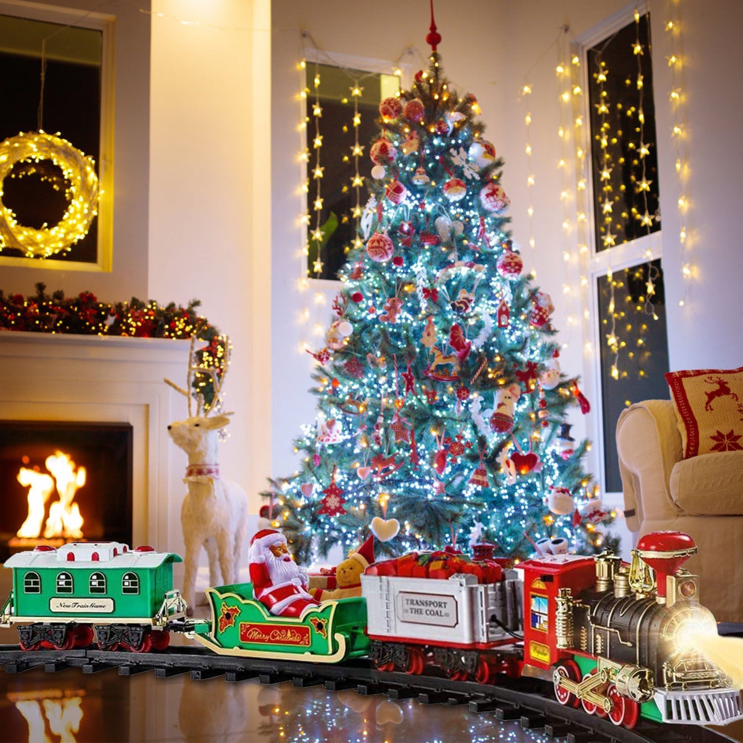 Electric Train Set Santa Claus Steam Train Kit Tree Wrap Track Battery