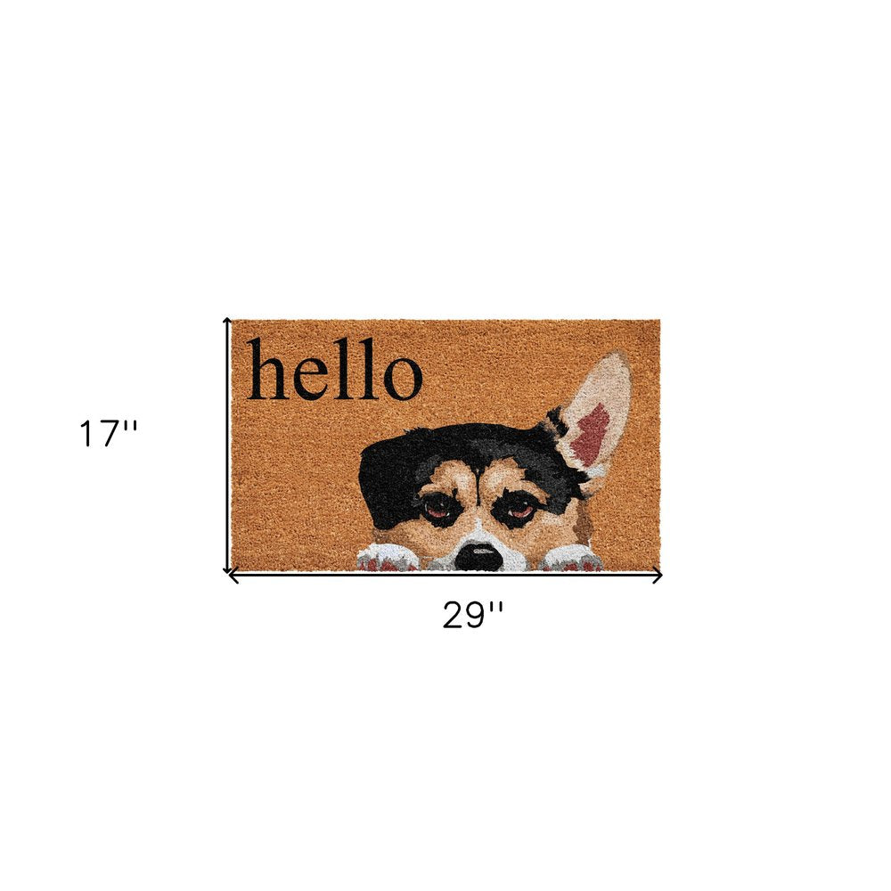 17" X 29" Natural Black and Brown Coir Welch Corgi Hello Outdoor Door