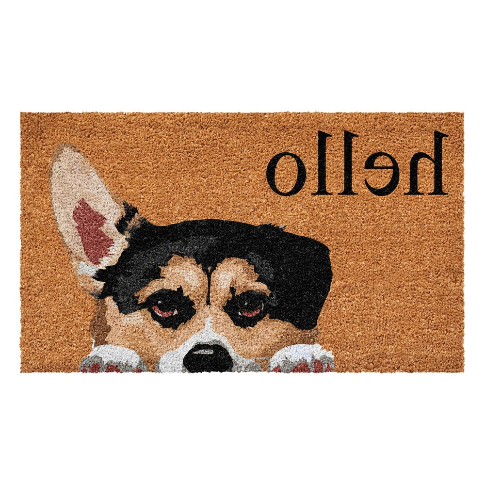 17" X 29" Natural Black and Brown Coir Welch Corgi Hello Outdoor Door