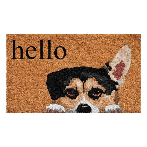 17" X 29" Natural Black and Brown Coir Welch Corgi Hello Outdoor Door