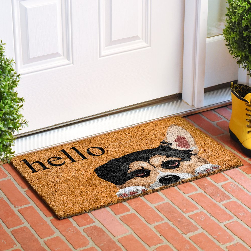 17" X 29" Natural Black and Brown Coir Welch Corgi Hello Outdoor Door