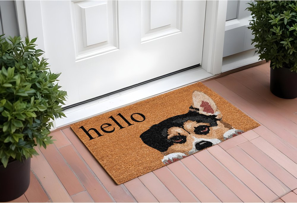 17" X 29" Natural Black and Brown Coir Welch Corgi Hello Outdoor Door