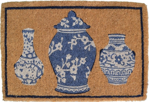 20" X 30" Brown Blue And White Chinoiserie Coir Abstract Outdoor Door
