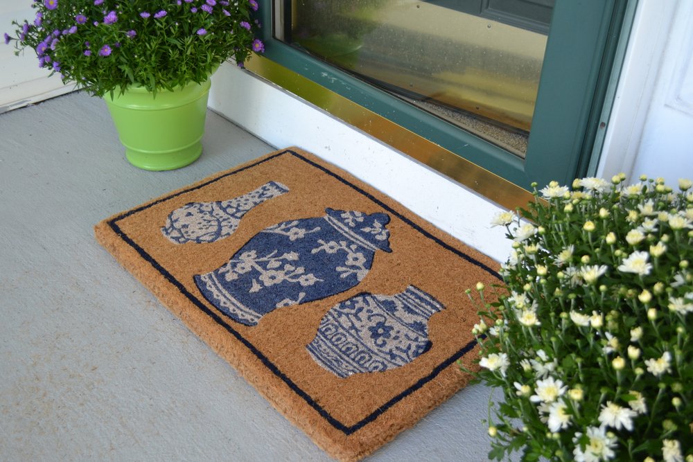 20" X 30" Brown Blue And White Chinoiserie Coir Abstract Outdoor Door