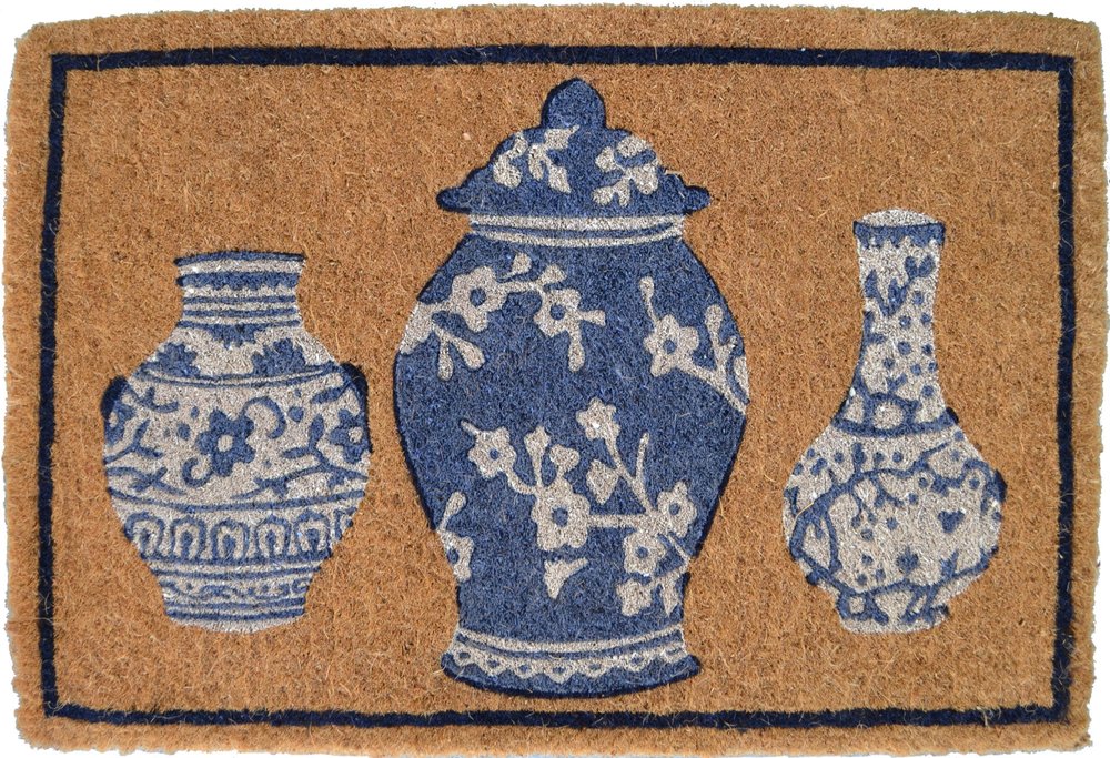 20" X 30" Brown Blue And White Chinoiserie Coir Abstract Outdoor Door