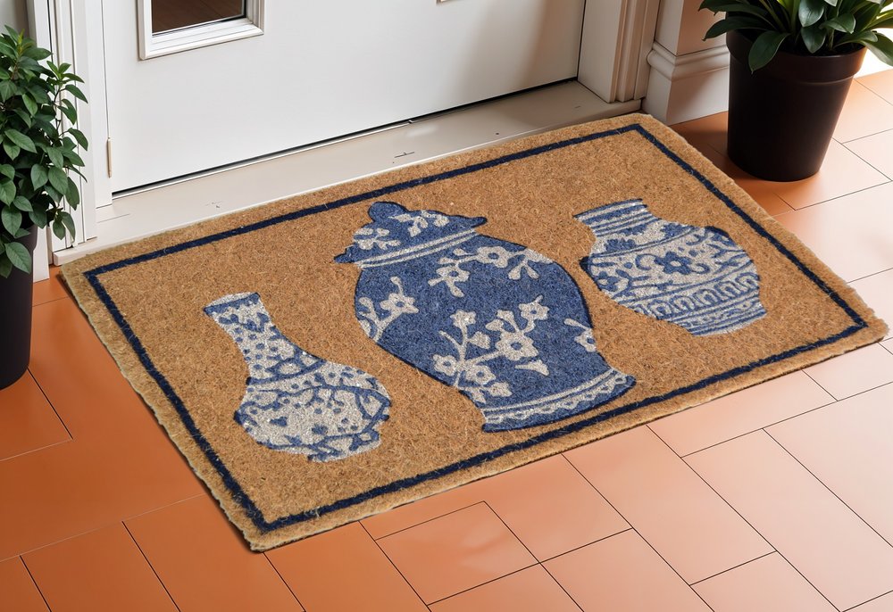 20" X 30" Brown Blue And White Chinoiserie Coir Abstract Outdoor Door