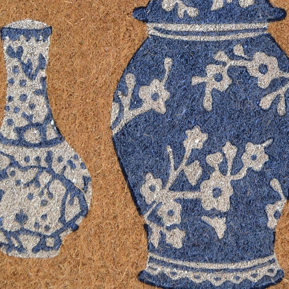 20" X 30" Brown Blue And White Chinoiserie Coir Abstract Outdoor Door