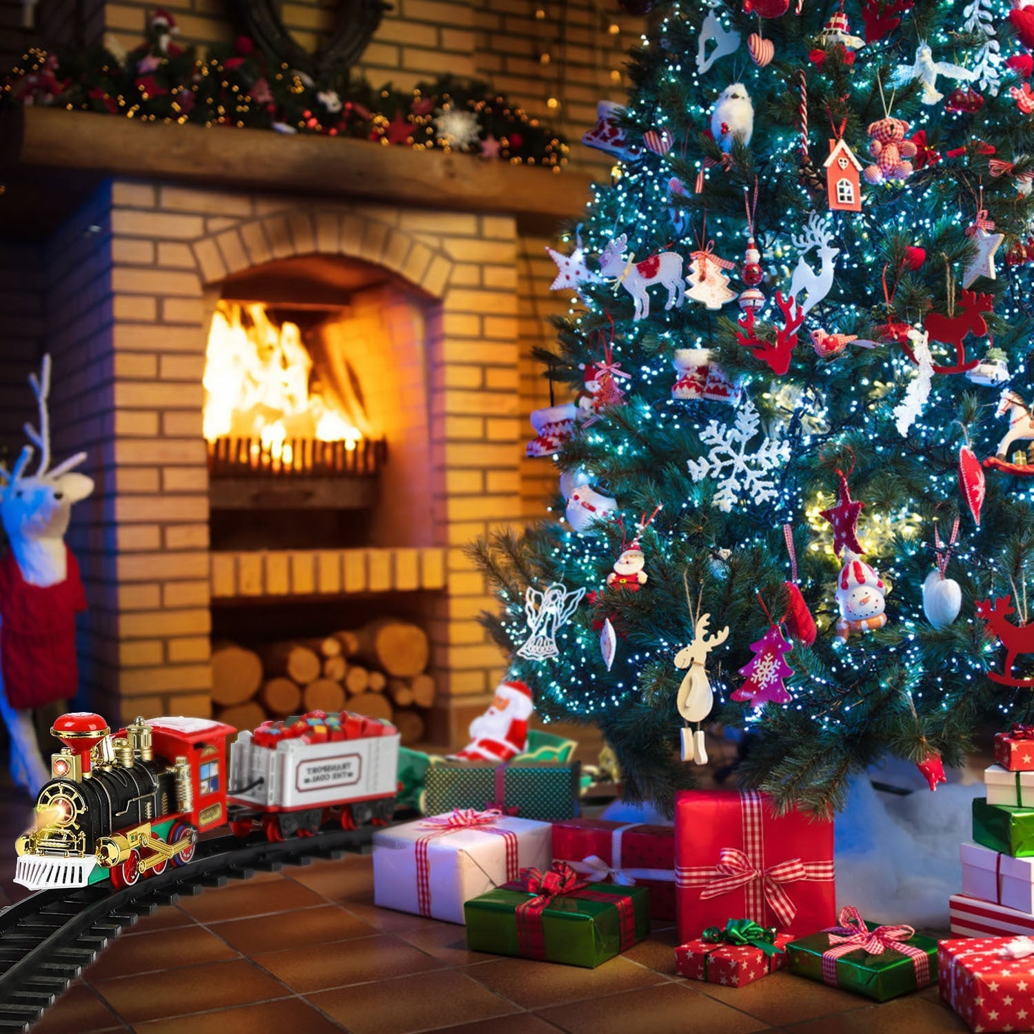Electric Train Set Santa Claus Steam Train Kit Tree Wrap Track Battery
